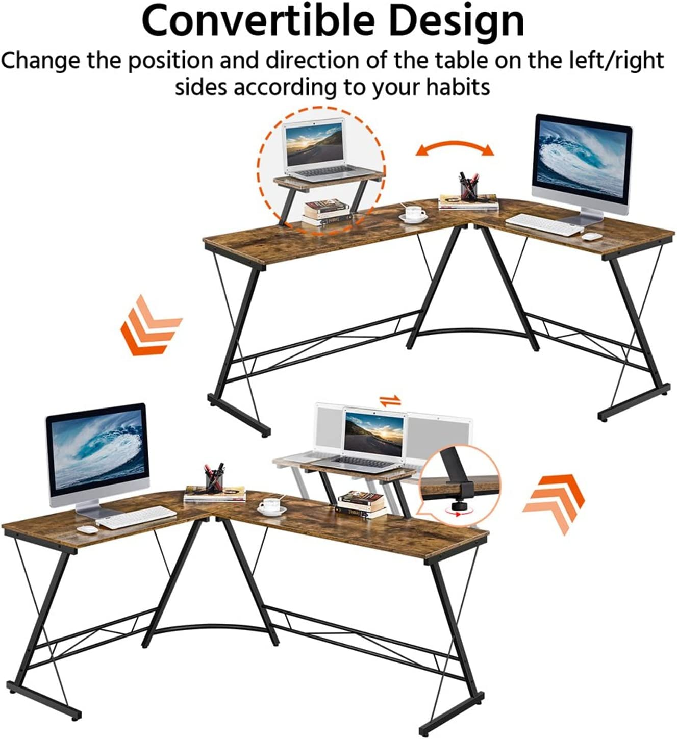 مكتب ألعاب على شكل حرف L من SKY-TOUCH - مكتب زاوية للمكتب المنزلي مقاس 50.8 × 18.1 × 28 بوصة مع رف، وحامل شاشة كبير، ومحطة عمل قوية للكتابة، وحافة مستديرة 