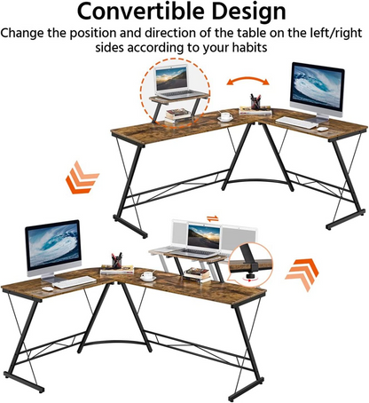 مكتب ألعاب على شكل حرف L من SKY-TOUCH - مكتب زاوية للمكتب المنزلي مقاس 50.8 × 18.1 × 28 بوصة مع رف، وحامل شاشة كبير، ومحطة عمل قوية للكتابة، وحافة مستديرة 