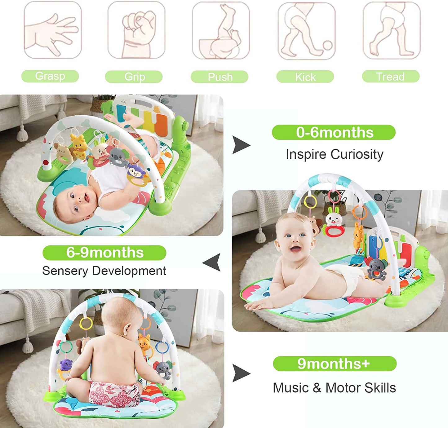 SKY-TOUCH Play Mats for Baby Gyms, Kick and Play Piano Gym Mats, Detachable Tummy Time Mat with Music and Lights, Musical Electronic Learning Toys, Activity Center for Babies and Toddlers