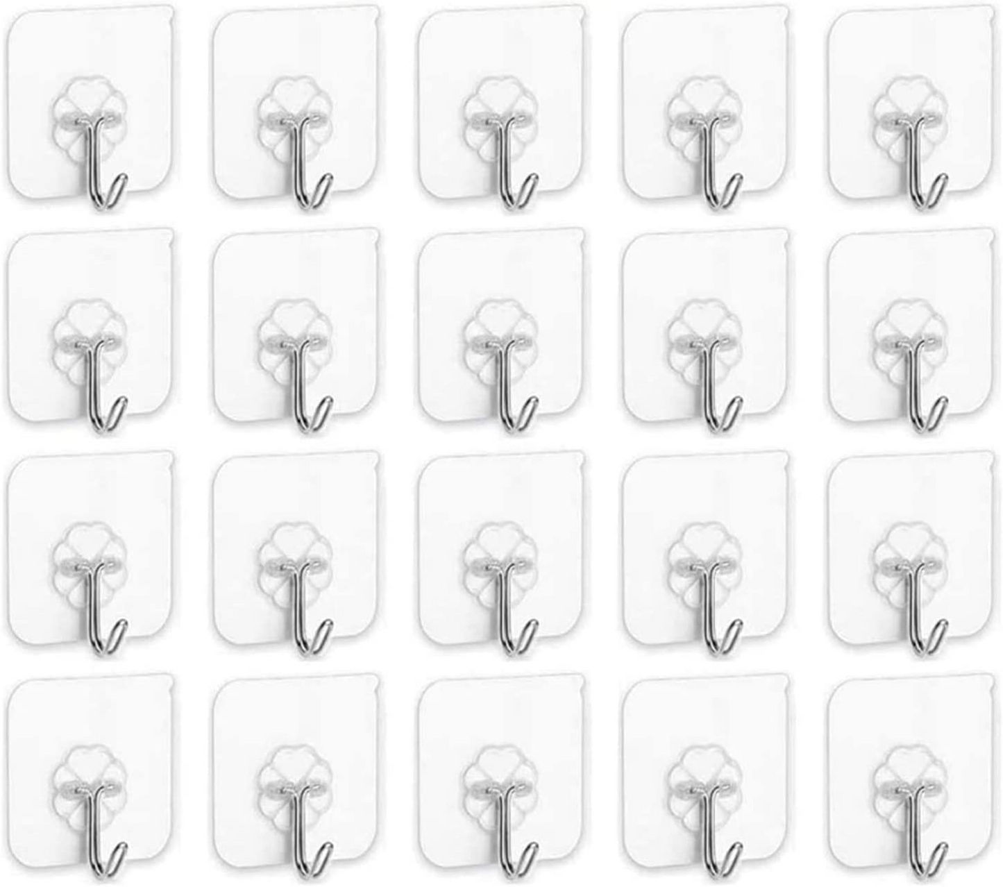 SKY TOUCH 20 Pieces Each Pack Heavy Duty Adhesive Wall Hooks, Waterproof and Oil Proof Ideal for Kitchen and Bathroom, Transparent