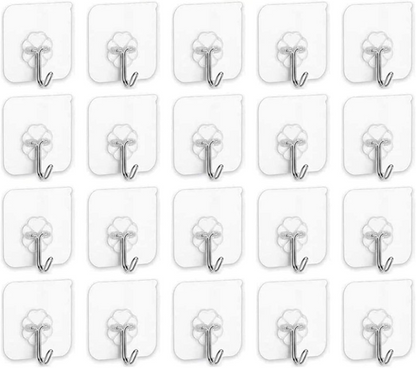 SKY TOUCH 20 Pieces Each Pack Heavy Duty Adhesive Wall Hooks, Waterproof and Oil Proof Ideal for Kitchen and Bathroom, Transparent