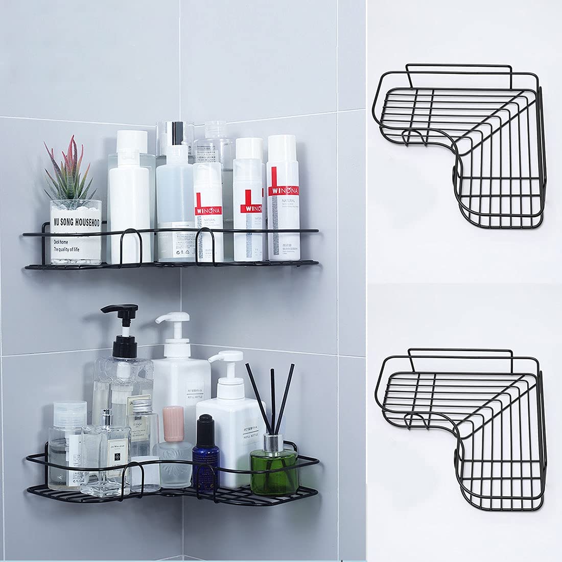SKY-TOUCH 2PCS Corner Shower Shelves，Self Adhesive No Drilling Wall Mounted Shower Storage Shelf Organizer for your Bathroom, Kitchen and Toilet，Stainless Steel