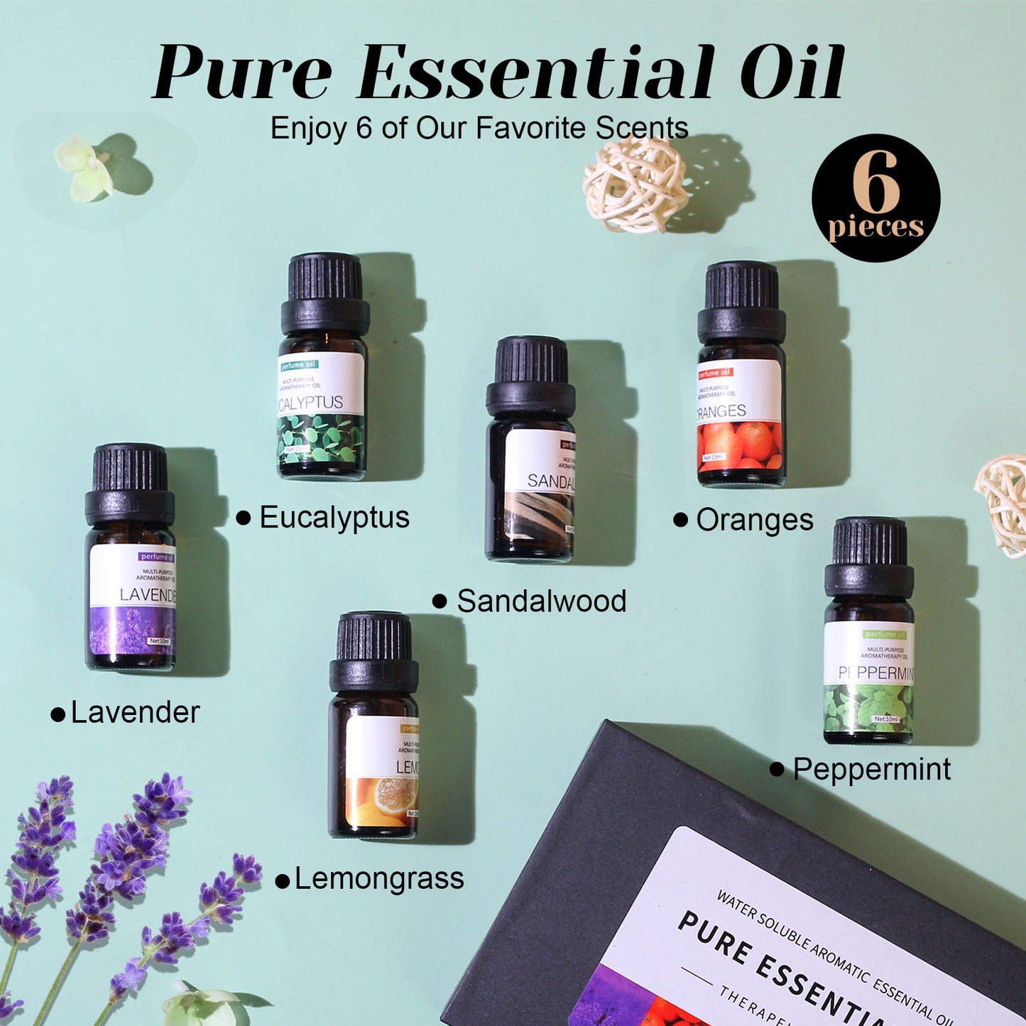 SKY-TOUCH 6pcs x 10 mL Essential Oils Suit Water Soluble Aromatherapy Essential Oil (Sandalwood&Sweet Orange&Lavender&Eucalyptus&Lemon&Mint) Aromatherapy Diffuser Oil for Humidifier, Aroma Diffuser