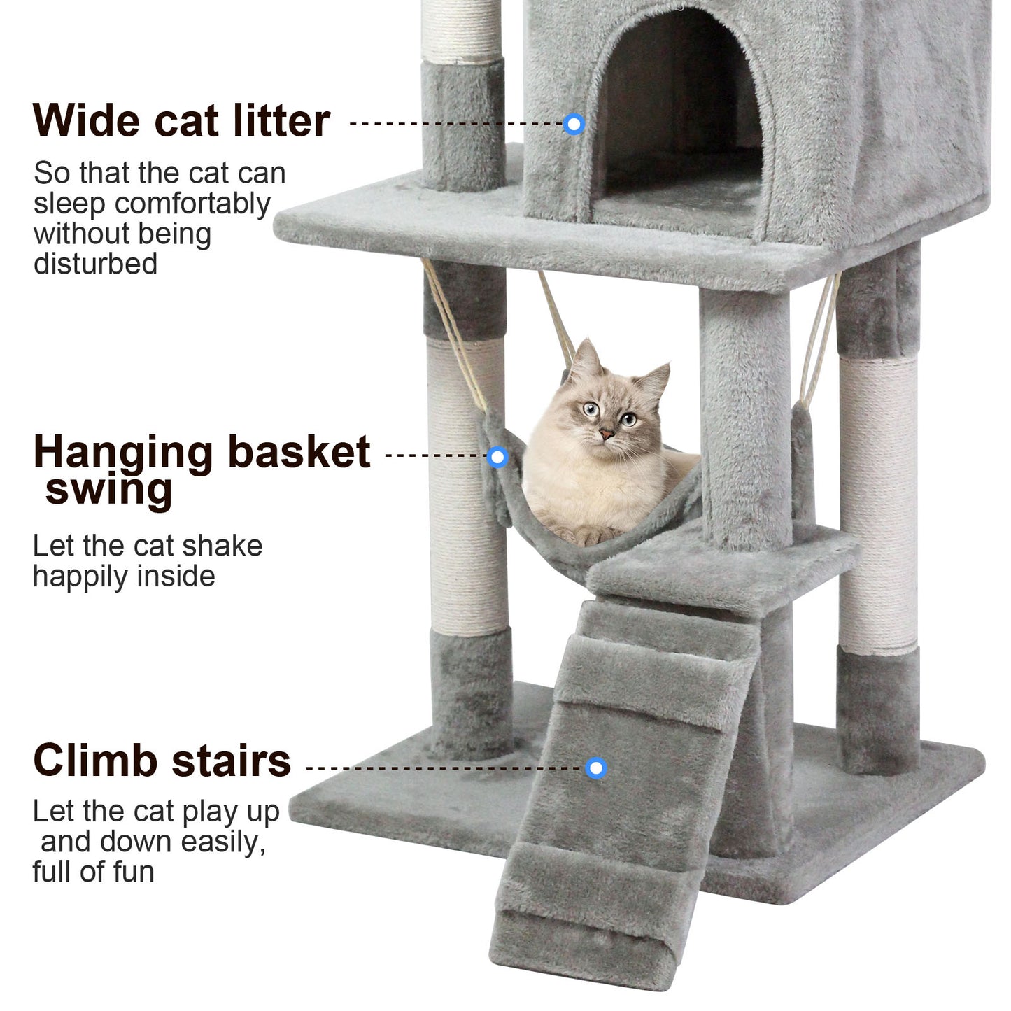 SKY-TOUCH Cat Tree Tower，Cat Condo with 4 Sisal Scratching Post,Activity Centre Cat Climbing Tree with Cat House，Hammock, Sisal Posts, Ladder, and Rest Place for Indoor Cat（120×54×30cm）Grey