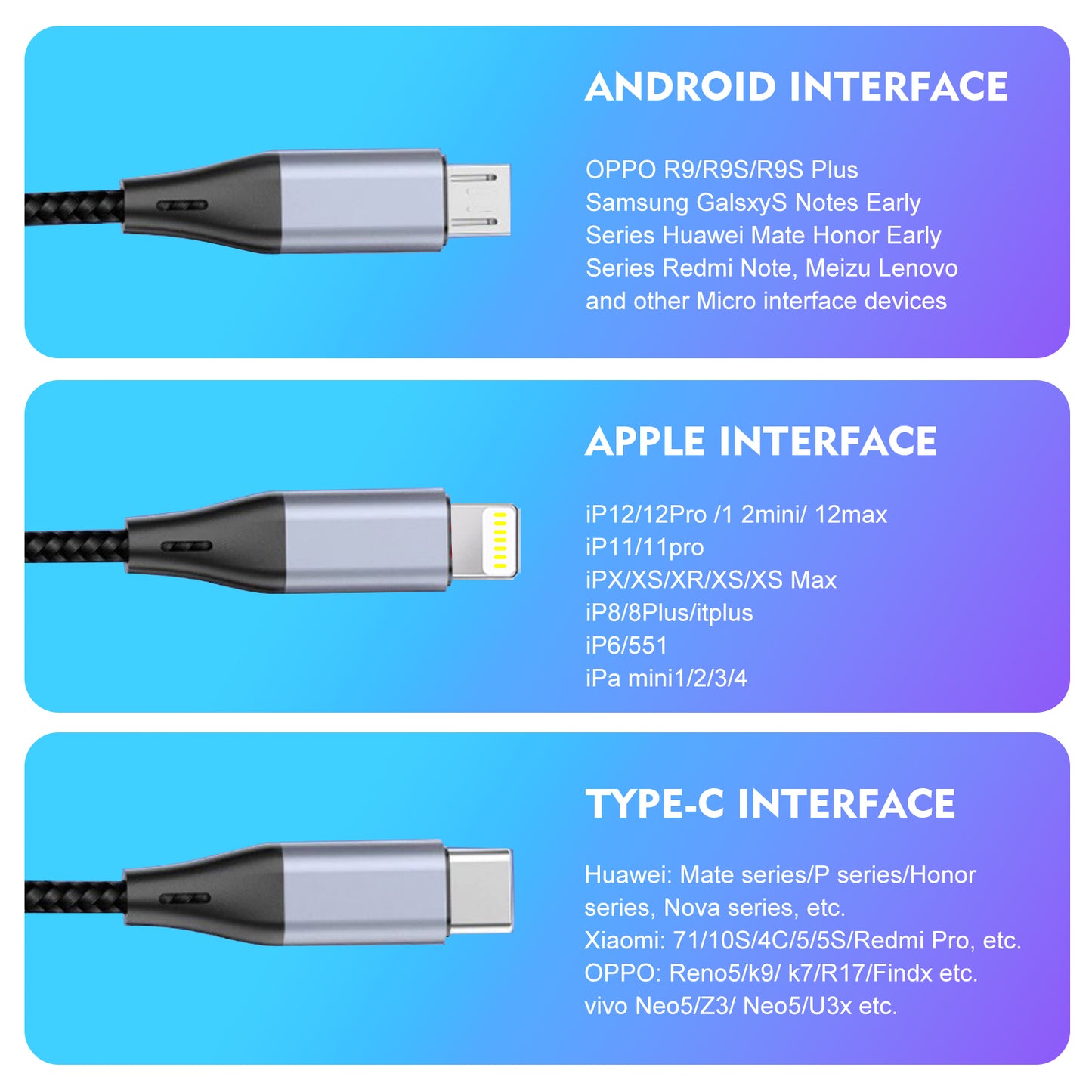 SKY-TOUCH 3 in 1 USB Phone Charger Cables 5A Fast Braided Nylon Unbreakable Charging Cable, Universal Multiple Ports Charging Cord with USB C/Micro USB/IOS Connector for Phones