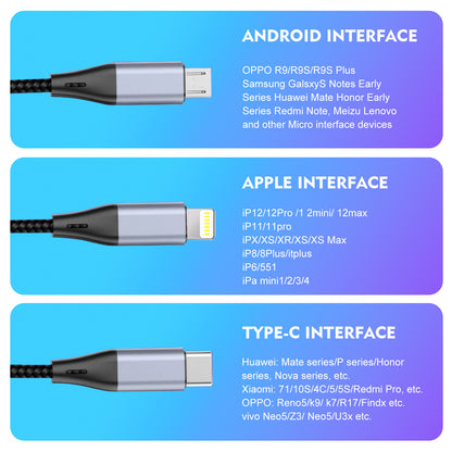 SKY-TOUCH 3 in 1 USB Phone Charger Cables 5A Fast Braided Nylon Unbreakable Charging Cable, Universal Multiple Ports Charging Cord with USB C/Micro USB/IOS Connector for Phones