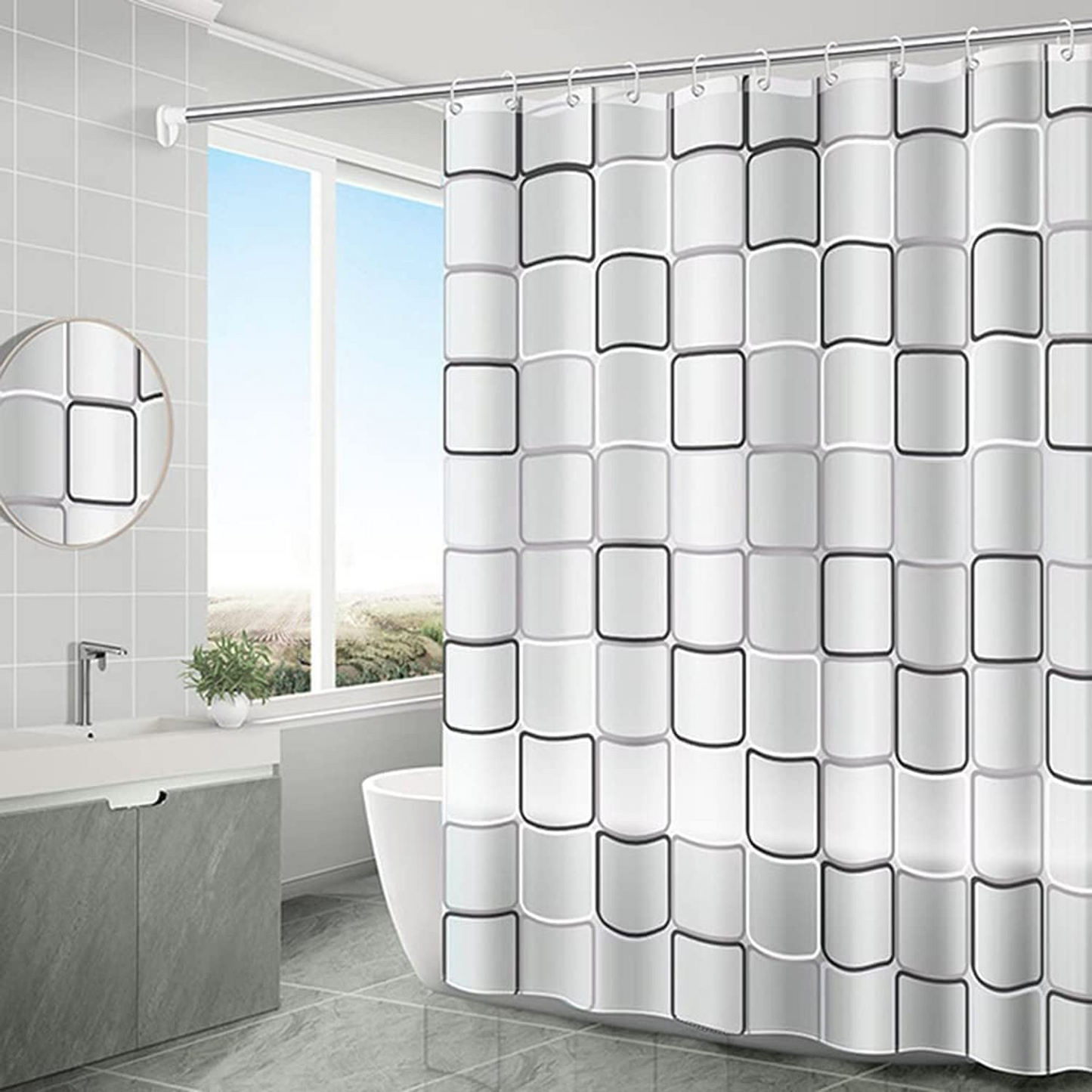 SKY-TOUCH Transparent Shower Curtain, Square Printed Design, Eco-Friendly Waterproof Heavy Duty with Anti-Mold Grid for Bathroom and Bath Tub , 180x200cm