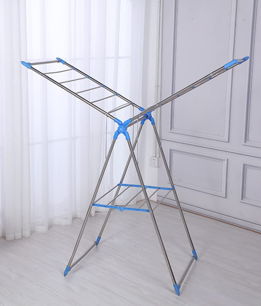 Sky-Touch Clothes Drying Racks Foldable, T-Model Clothes Airer, Foldable Airer Stainless Steel Cloth Drying Stable Space Saving For Drying Clothing Indoor And Outdoor, Blue