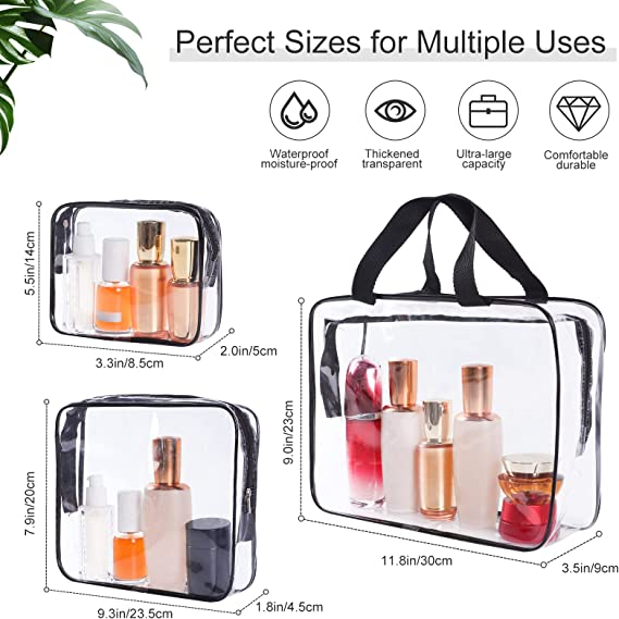 SKY-TOUCH 3Pcs Clear Cosmetic Bag， Portable Clear Toiletry Bag With Zipper & Carry Handle For Travel Luggage Pouch And Bathroom Cosmetics And Cream Storage, Waterproof