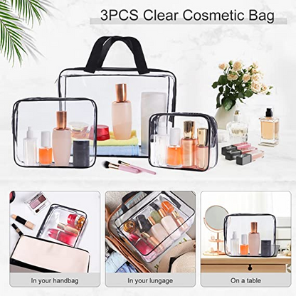 SKY-TOUCH 3Pcs Clear Cosmetic Bag， Portable Clear Toiletry Bag With Zipper & Carry Handle For Travel Luggage Pouch And Bathroom Cosmetics And Cream Storage, Waterproof