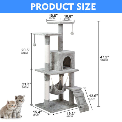 SKY-TOUCH Cat Tree Tower，Cat Condo with 4 Sisal Scratching Post,Activity Centre Cat Climbing Tree with Cat House，Hammock, Sisal Posts, Ladder, and Rest Place for Indoor Cat（120×54×30cm）Grey