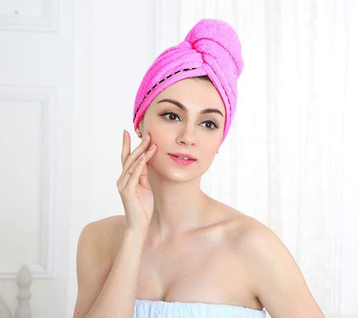 100pcs - 2 Pack Hair Drying Towels, Microfiber Hair Dry Cap Absorbent Fast Drying Hair Turbans With Elastic Loop and button, Hair Towel Wrap Quick Dry for Women Wet Hair (Pink, Rose Red)