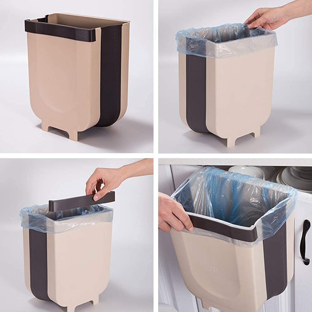 100pcs Hanging Trash Bin Compact Collapsible Garbage Pail for Kitchen or Bathroom Drawers, Cupboards and Door - Brown