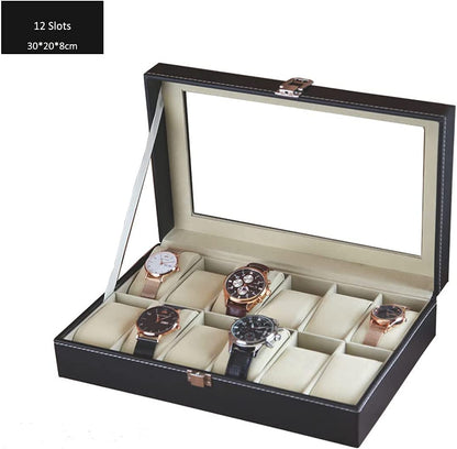 SKY-TOUCH 12 grid watch box，PU Leather Watch Case Watch Box for Men and Women，Watch Display Case with Glass Lids and Removable Pillow，Watch Display Storage Box as Gift for Valentines Day Birthday