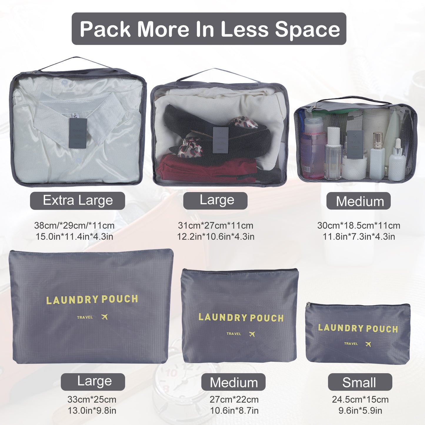 SKY TOUCH 6Pcs Set Travel Luggage Organizer Packing Cubes Set Storage Bag Waterproof Laundry Bag Traveling Accessories Gray, Travel Bag, Grey, Travel Luggage