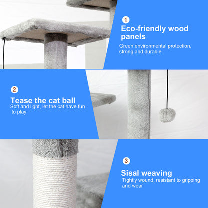 SKY-TOUCH Cat Tree Tower，Cat Condo with 4 Sisal Scratching Post,Activity Centre Cat Climbing Tree with Cat House，Hammock, Sisal Posts, Ladder, and Rest Place for Indoor Cat（120×54×30cm）Grey