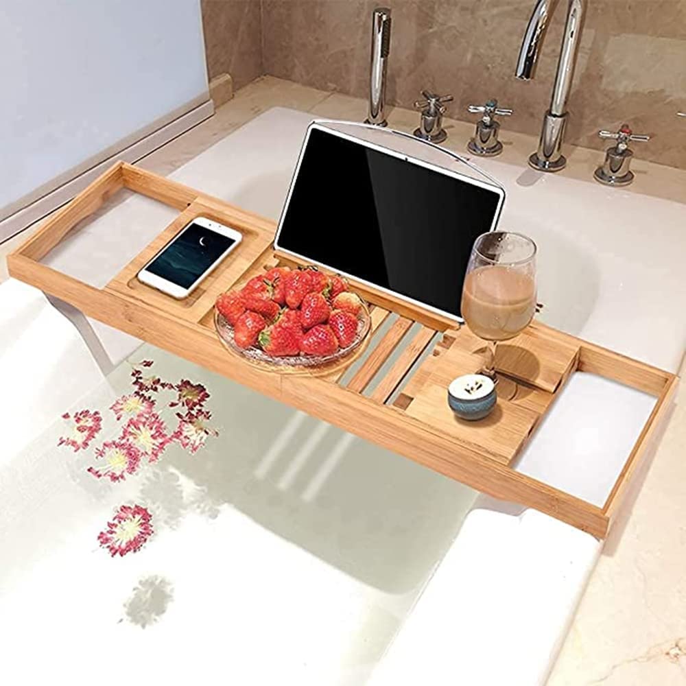 SKY-TOUCH Bathtub Tray Bamboo Bathtub Stand Holder Adjustable Bath Tray With Extendable Luxury Book Rest, Device Tablet, Kindle, Ipad, Smart Phone Tray For A Home Spa Experience, Yellow