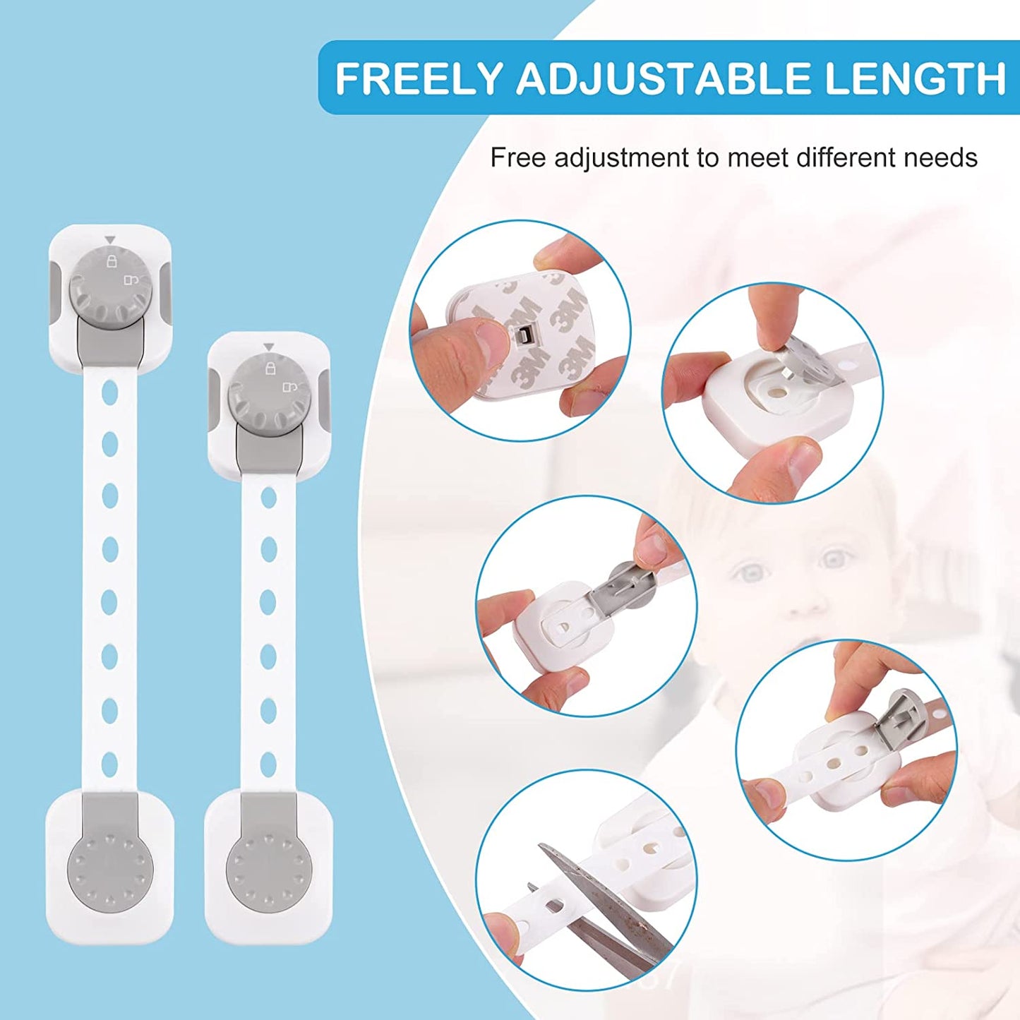 SKY TOUCH 6pcs Baby Safety Lock，Child Safety Locks，Multi Functional Adjustable Double Button Baby Anti Clip Latch System For Cabinets, Drawers, Fridge, Closet Doors Etc, White