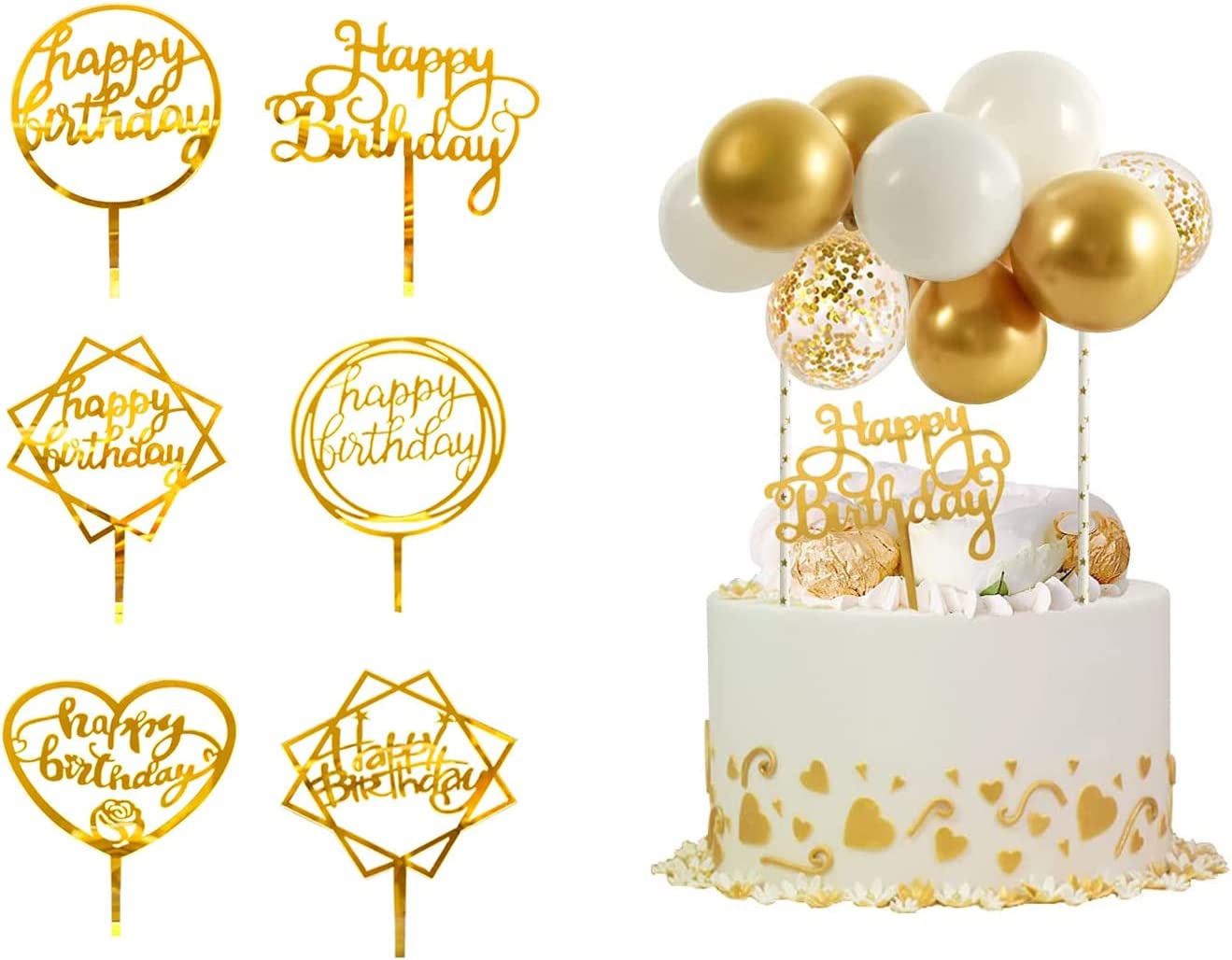 SKY-TOUCH 6Pcs Happy Birthday Cake Topper, Topper For Various Birthday Party Cake Decoration For Girls Kids Baby Birthday Wedding Mother Cake Decorations Supplies (Gold)