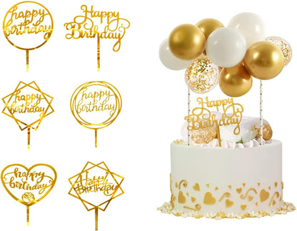 SKY-TOUCH 6Pcs Happy Birthday Cake Topper, Topper For Various Birthday Party Cake Decoration For Girls Kids Baby Birthday Wedding Mother Cake Decorations Supplies (Gold)