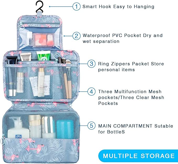 100pcs Travel Hanging Toiletry Wash Bag Waterproof Cosmetic Case Makeup Organiser Organizer Toiletry Storage Box with Adjustable Compartments for for Women Girls Kids (Flamingo)
