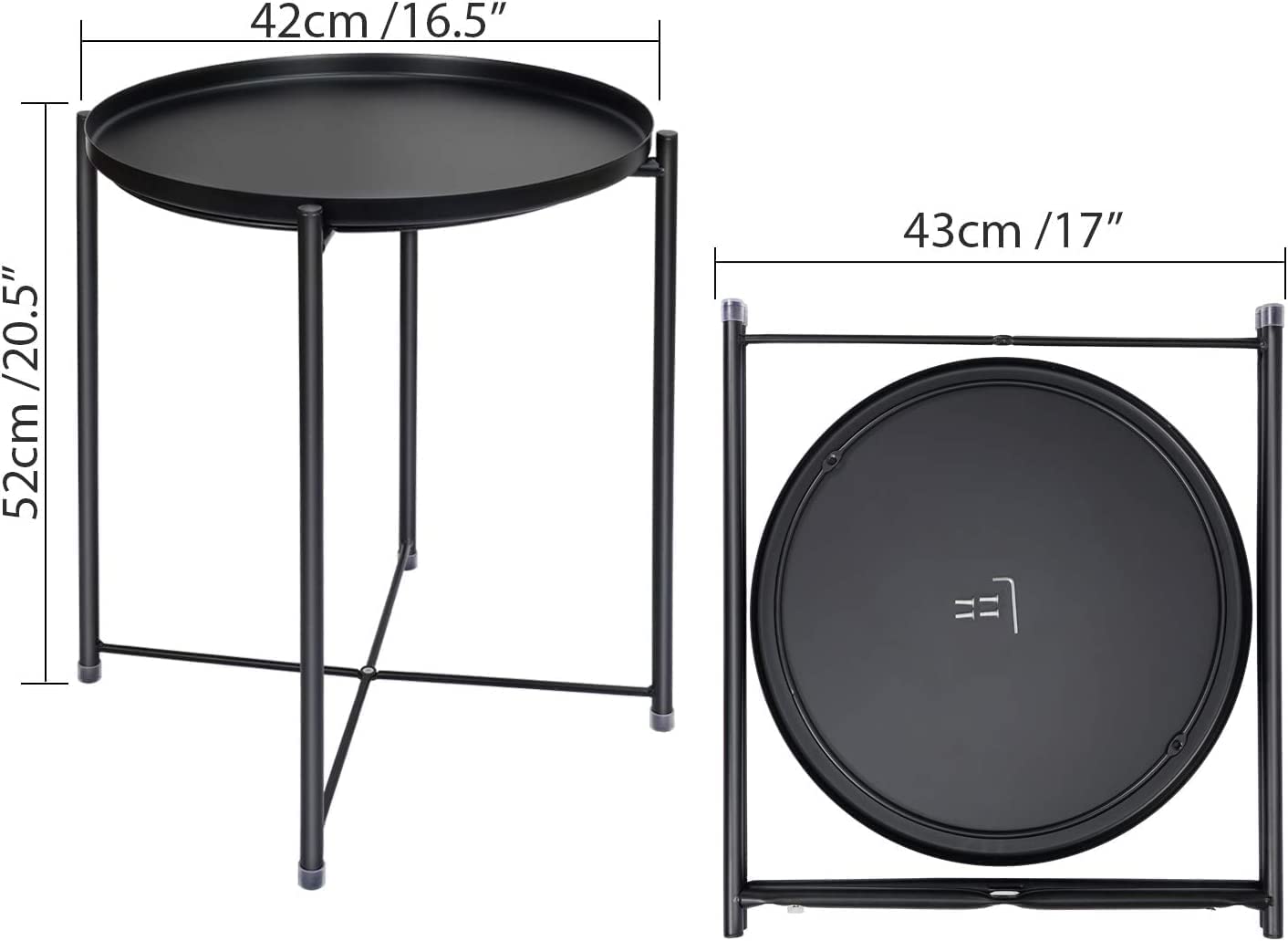 SKY-TOUCH Tray Table with Detachable Tray Top，Round Metal Coffee Table Waterproof Removable Tray Table，for Living Room Bedroom Balcony Office （42×42×53cm）