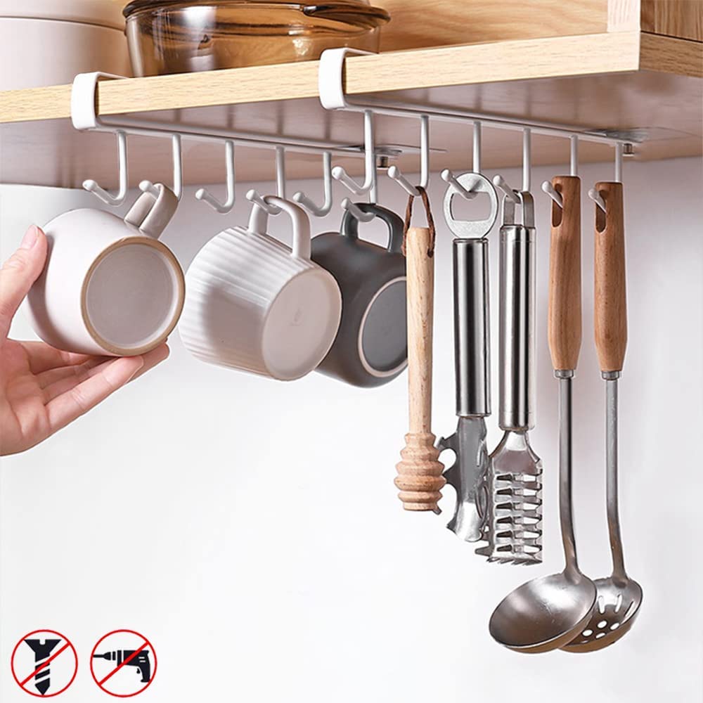 300pcs  Cup Holder Under Cabinet ，Multifunction Kitchen Drilling Free Coffee Cups Holder Hanger for Cups/Kitchen Utensils/Ties Belts/Scarf/Keys Storage Rack Cupboard Shelf Hanging Hook，White