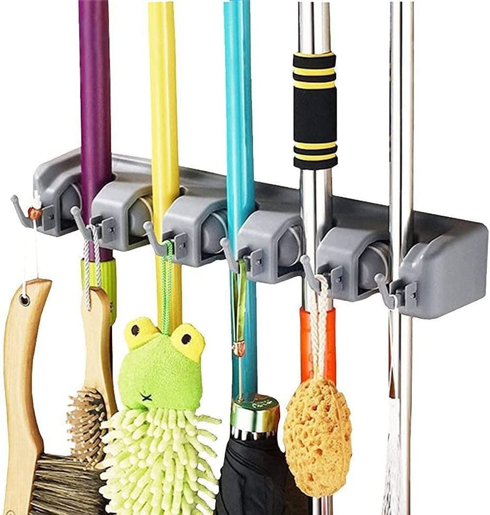 SKY-TOUCH Mop and Broom Holder, Wall Mounted Organizer Mop and Broom Saving Space Storage Rack For Kitchen Garden And Garage,Laundry Offices,5 Position With 6 Hooks