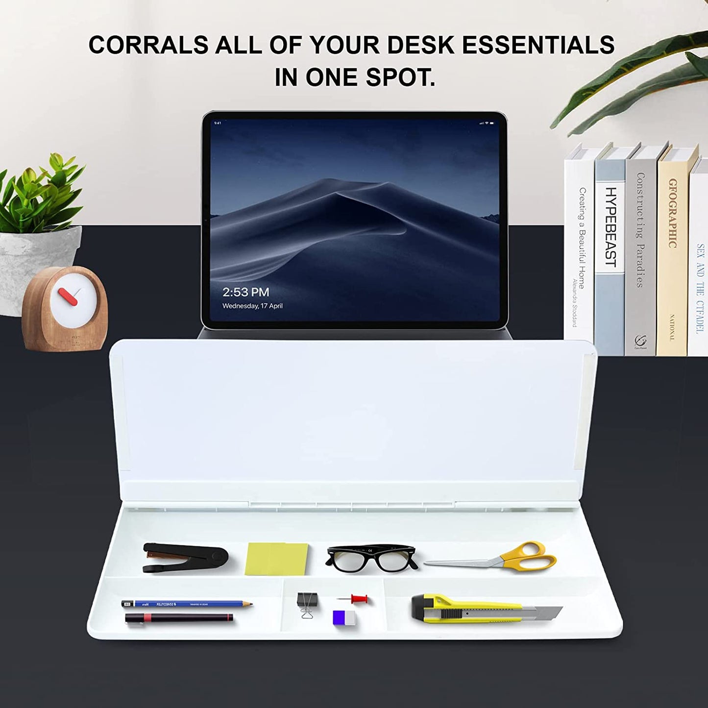 SKY-TOUCH Glass Desktop Computer Pad Dry Erase Board Desk Organizer with Mobile Phone and Tablet Stand Designed for your Home, Office and even School