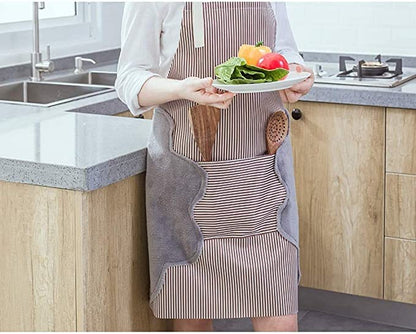 SKY-TOUCH Bib Apron with Pockets, Adjustable Kitchen Aprons 2 Side Wipe Hands Coral Velvet Towels Stitched Pinstripe Waterproof Cooking Aprons Unisex