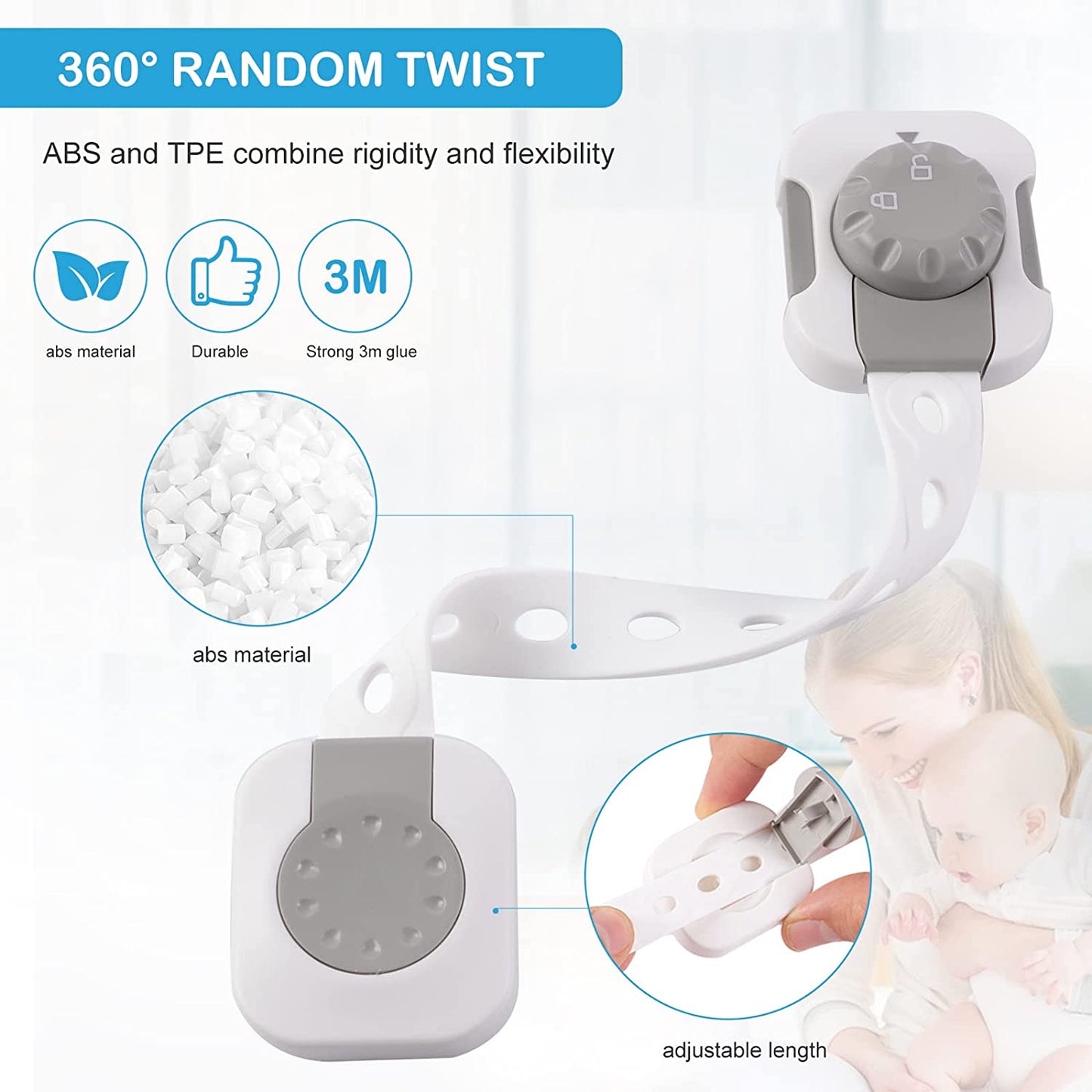 SKY TOUCH 6pcs Baby Safety Lock，Child Safety Locks，Multi Functional Adjustable Double Button Baby Anti Clip Latch System For Cabinets, Drawers, Fridge, Closet Doors Etc, White