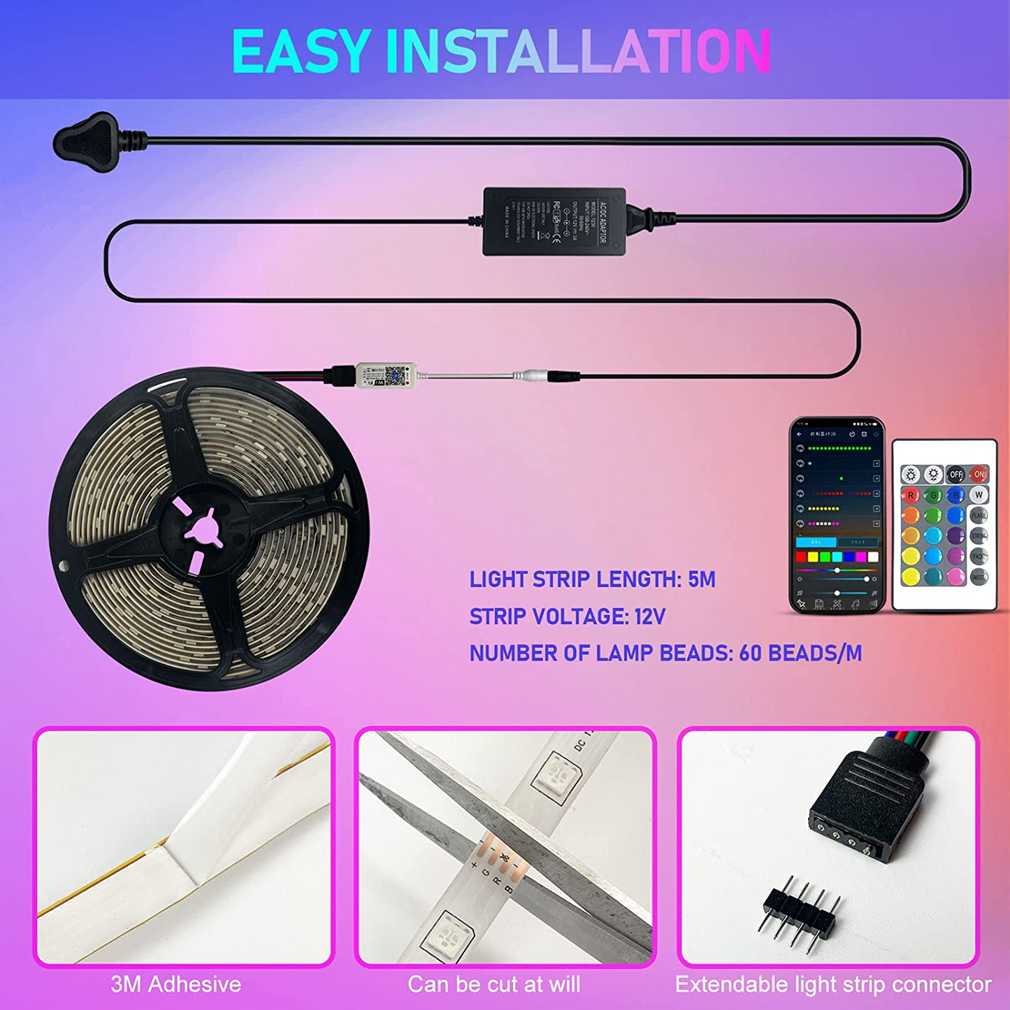 SKY-TOUCH 5/10 Meter Smart Bluetooth LED Strip Light RGB Sync to Music Light Remote Control Colorful Rope Lighting for Home Decor Kitchen Bedroom Hotel Outdoor Bar Garden Desktop Decoration