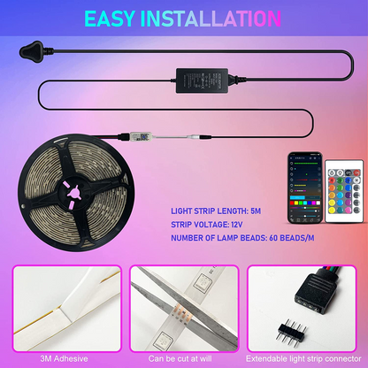 SKY-TOUCH 5/10 Meter Smart Bluetooth LED Strip Light RGB Sync to Music Light Remote Control Colorful Rope Lighting for Home Decor Kitchen Bedroom Hotel Outdoor Bar Garden Desktop Decoration