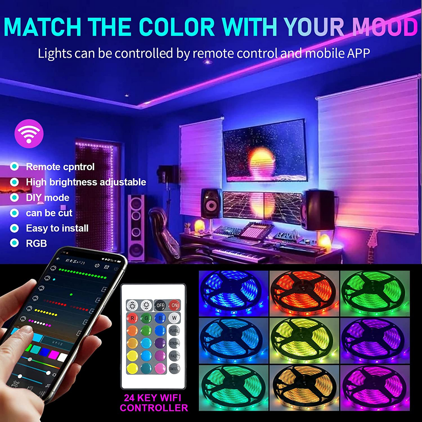 SKY-TOUCH 5/10 Meter Smart Bluetooth LED Strip Light RGB Sync to Music Light Remote Control Colorful Rope Lighting for Home Decor Kitchen Bedroom Hotel Outdoor Bar Garden Desktop Decoration