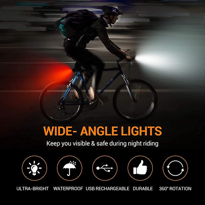 SKYTOUCH USB Rechargeable Bike Light Set 320 Lumens Powerful Front and Rear Bike Accessories for Night Riding, Cycling Rear Headlight Reflectors for Kids, Road, Mountain Bike, Black