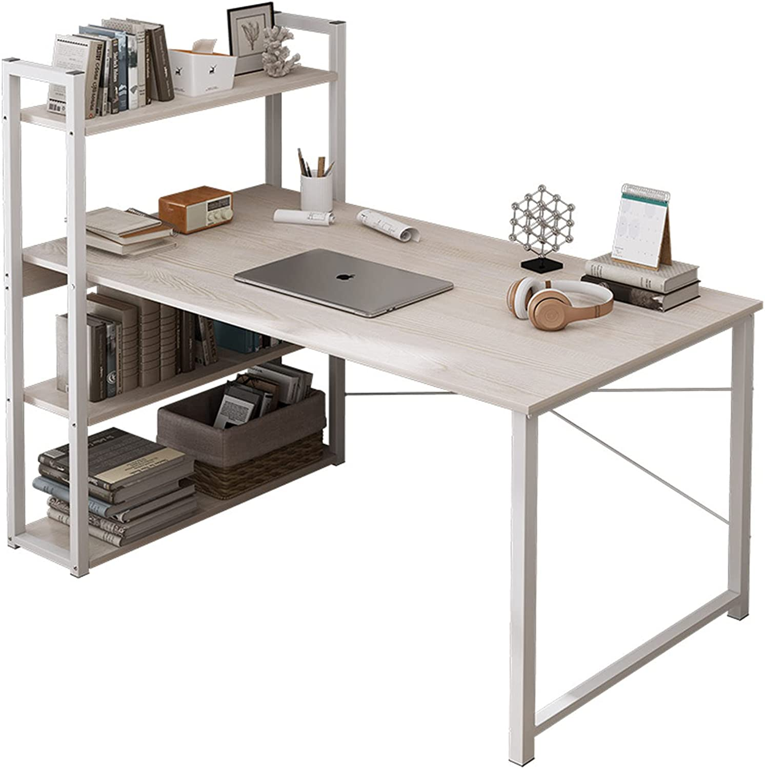 SKY-TOUCH Computer Desk Table with Shelves, 4 Tier Study Bookshelf Sto ...