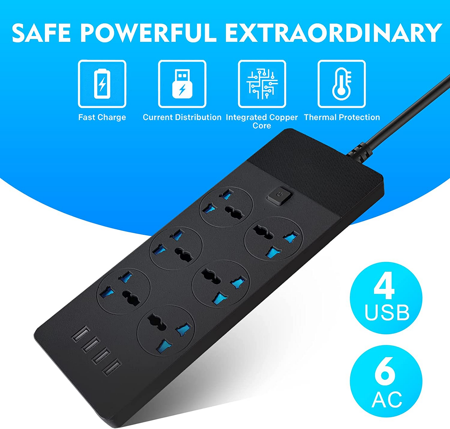 SKY-TOUCH Power Strips Extension Cord 6 Outlets, Universal Plug Adapter with 4 USB Ports Surge Protector, Charging Socket with 2M Bold Extension Cord (Black)