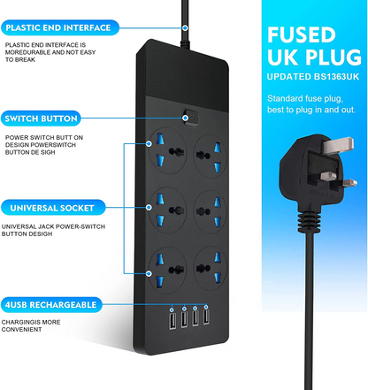 SKY-TOUCH Power Strips Extension Cord 6 Outlets, Universal Plug Adapter with 4 USB Ports Surge Protector, Charging Socket with 2M Bold Extension Cord (Black)