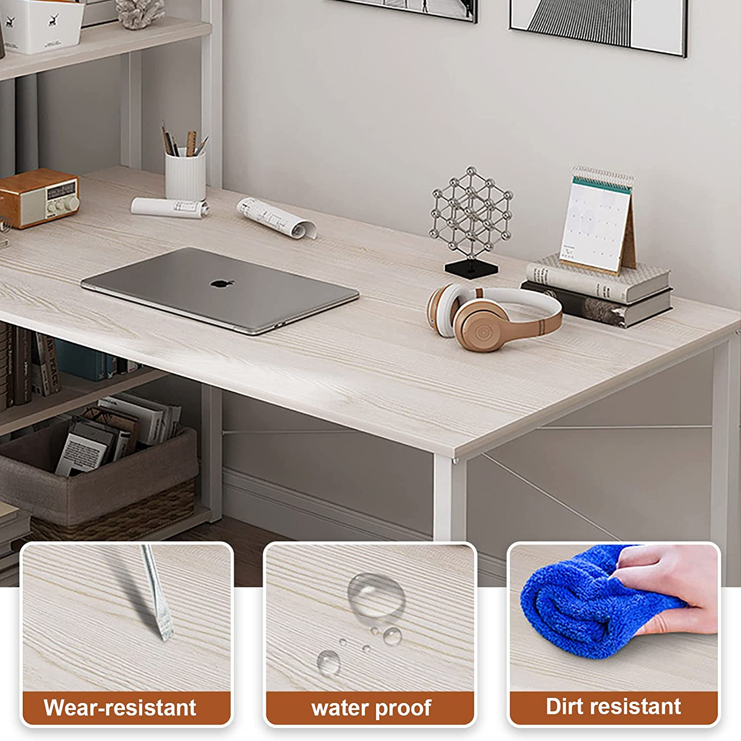 SKY-TOUCH Computer Desk Table with Shelves, 4 Tier Study Bookshelf Sto ...