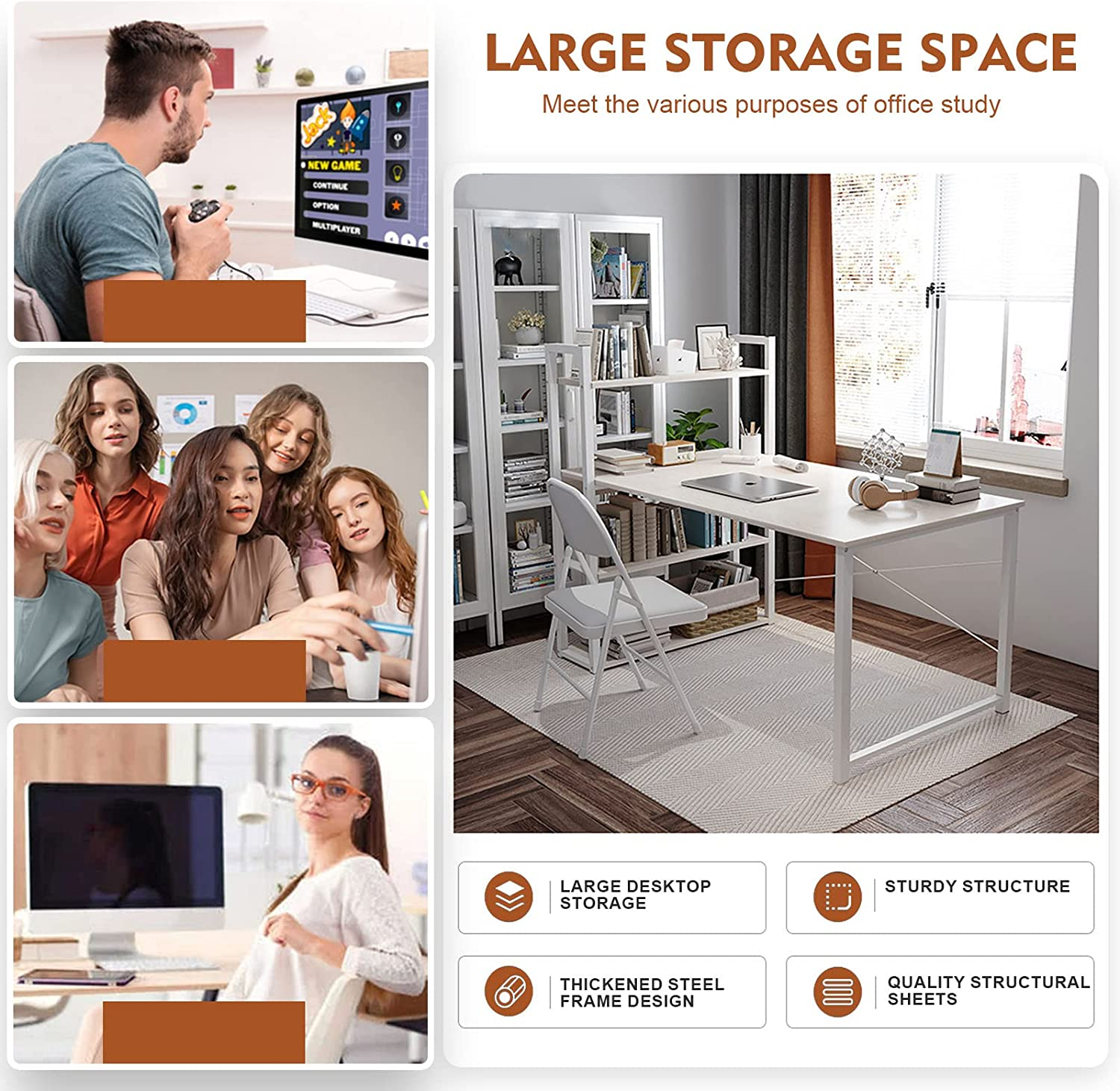 SKY-TOUCH Computer Desk Table with Shelves, 4 Tier Study Bookshelf Sto ...