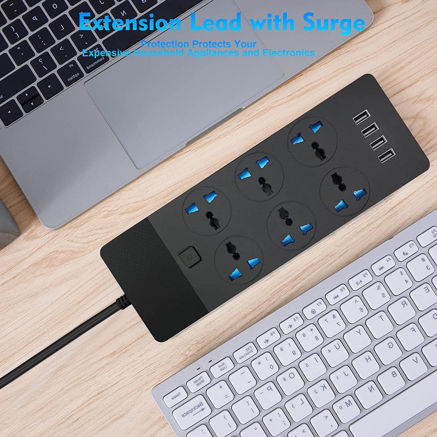 SKY-TOUCH Power Strips Extension Cord 6 Outlets, Universal Plug Adapter with 4 USB Ports Surge Protector, Charging Socket with 2M Bold Extension Cord (Black)