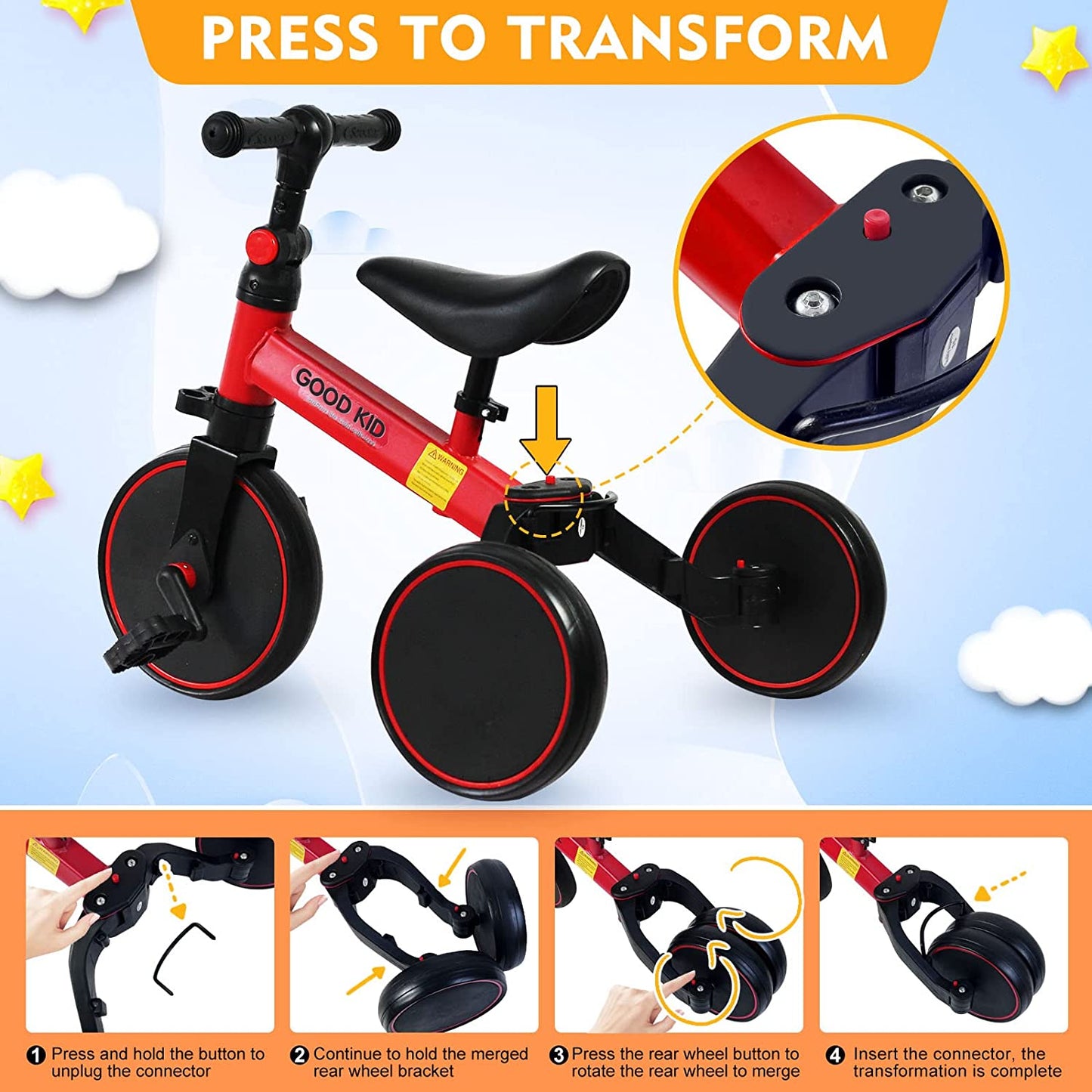 SKY-TOUCH 4 in 1 Kids Balance Bike Kids Tricycles for 1-4 Years, Toddlers Trike with Adjustable Seat Indoor Outdoor, Boys Girls Kids First Birthday Gifts Red