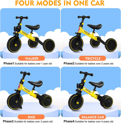 SKY-TOUCH 4 in 1 Kids Balance Bike Kids Tricycles for 1-4 Years, Toddlers Trike with Adjustable Seat Indoor Outdoor, Boys Girls Kids First Birthday Gifts Yellow