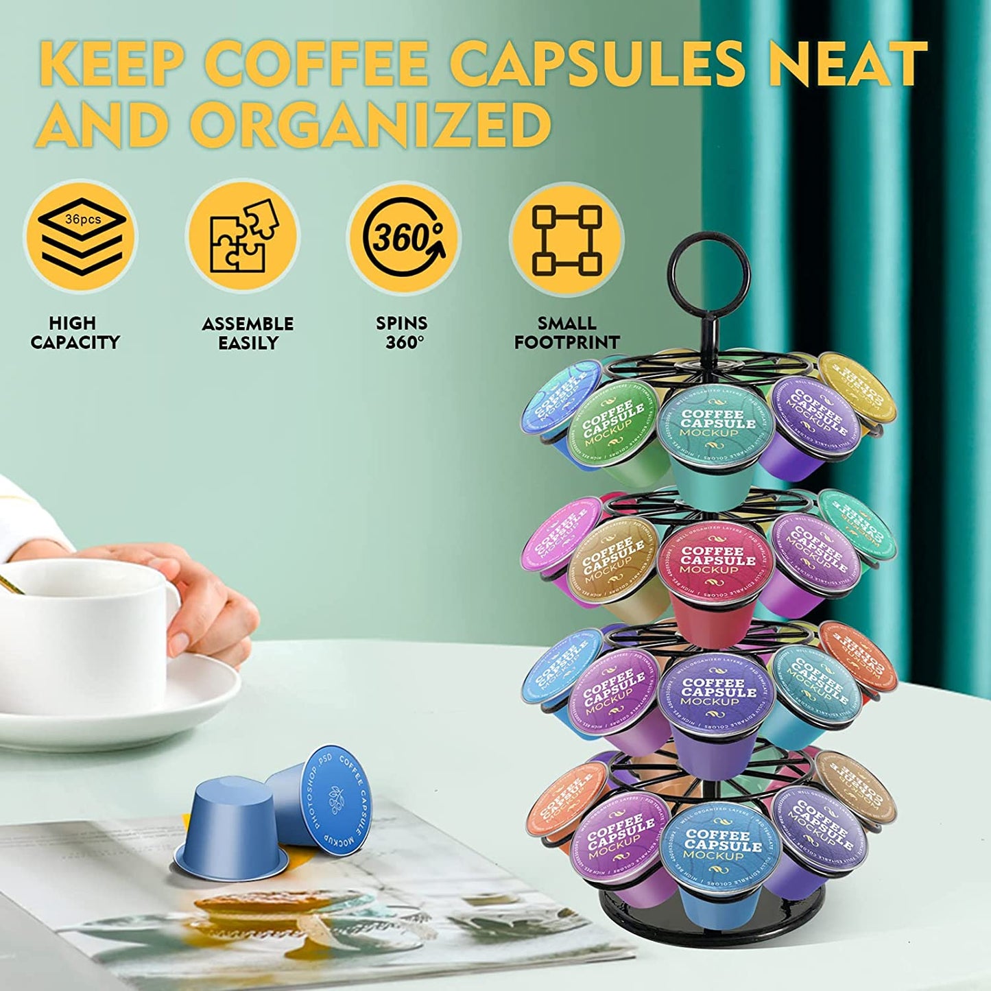 SKY-TOUCH Coffee Capsules Holder, 360 Degree Rotating Coffee Capsule Holder Organizer Holds up to 36 Pieces, Space Saver Home and Office