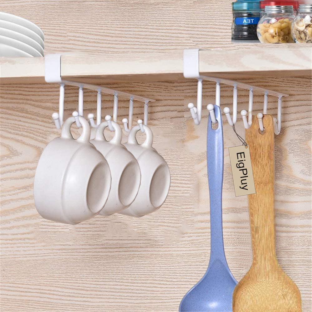 300pcs  Cup Holder Under Cabinet ，Multifunction Kitchen Drilling Free Coffee Cups Holder Hanger for Cups/Kitchen Utensils/Ties Belts/Scarf/Keys Storage Rack Cupboard Shelf Hanging Hook，White