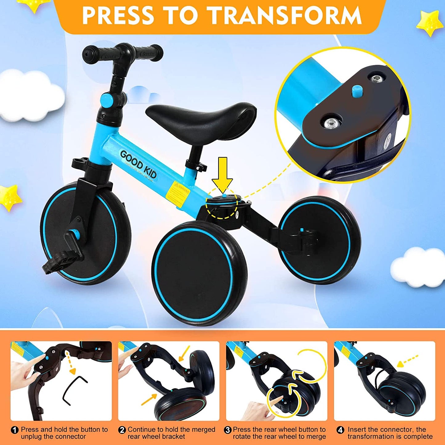 SKY-TOUCH 4 in 1 Kids Balance Bike Kids Tricycles for 1-4 Years, Toddlers Trike with Adjustable Seat Indoor Outdoor, Boys Girls Kids First Birthday Gifts Blue