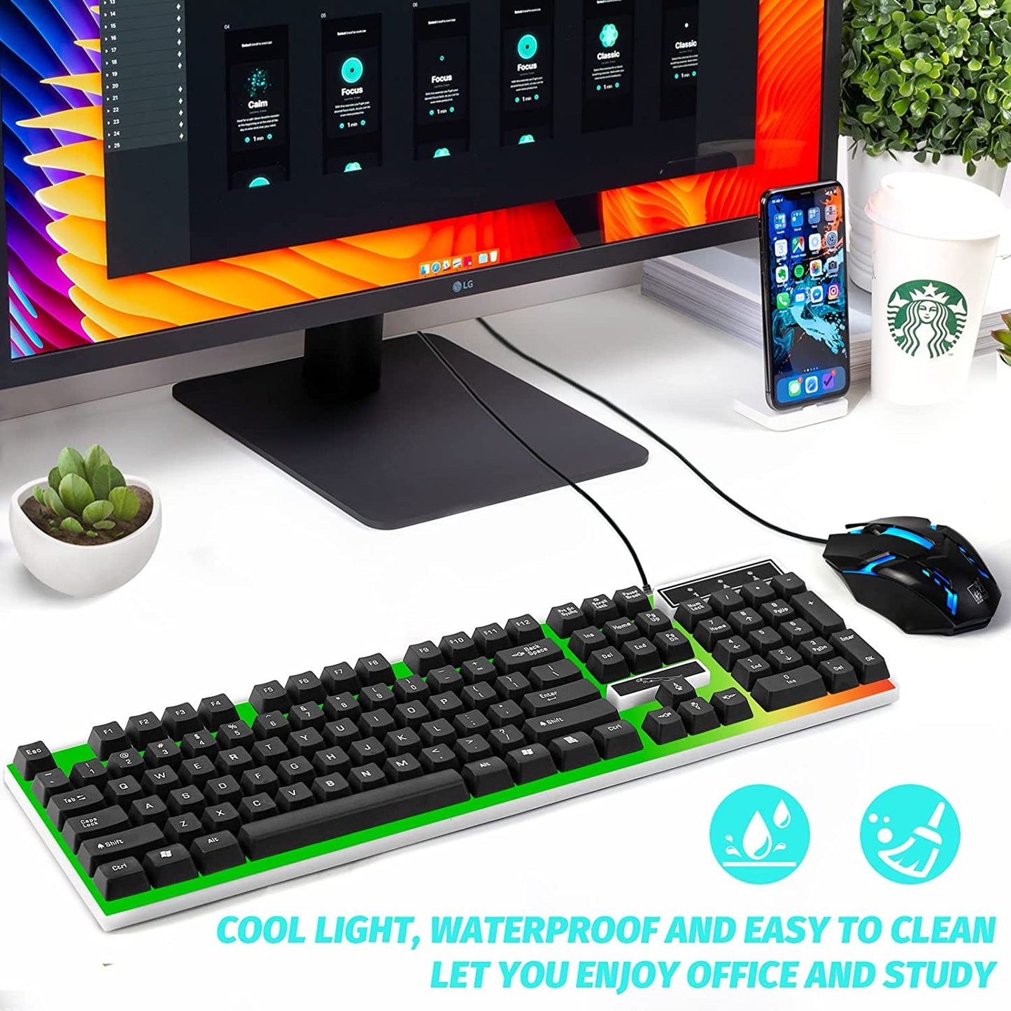 SKY-TOUCH G21 Keyboard Wired USB Gaming Mouse Flexible Polychromatic LED Lights Computer Mechanical Feel Backlit Keyboard Mouse Set (Black)