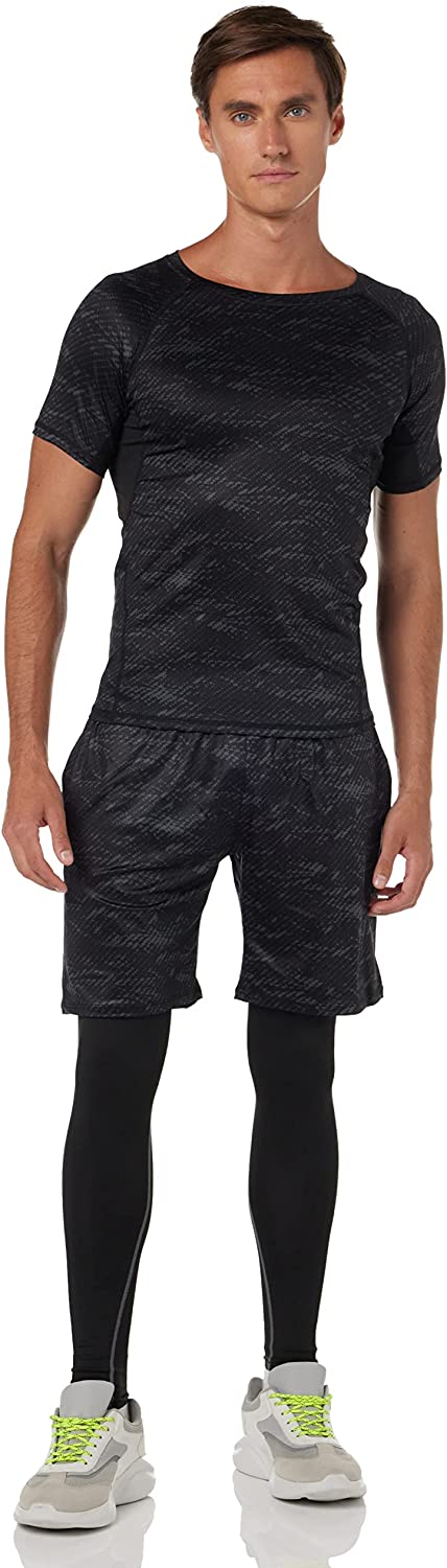 SKY-TOUCH Mens Sports Running Sets, Gym Fitness Clothing Quick Dry Basic T Shirts, Loose Fitting Shorts, Compression Pants Workout Training Tracksuits