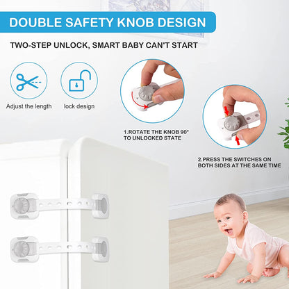 SKY TOUCH 6pcs Baby Safety Lock，Child Safety Locks，Multi Functional Adjustable Double Button Baby Anti Clip Latch System For Cabinets, Drawers, Fridge, Closet Doors Etc, White