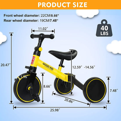 SKY-TOUCH 4 in 1 Kids Balance Bike Kids Tricycles for 1-4 Years, Toddlers Trike with Adjustable Seat Indoor Outdoor, Boys Girls Kids First Birthday Gifts Yellow